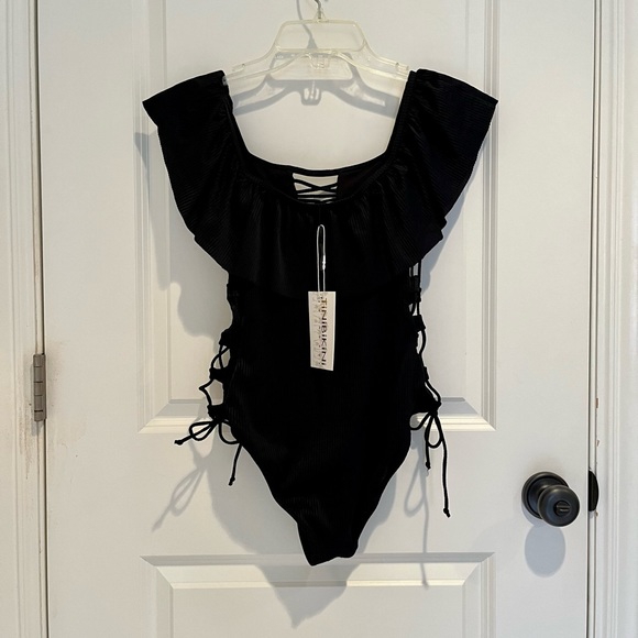 NWT TiniBikini One Piece Ruffle Top Swimsuit, Black, S - Picture 2 of 8